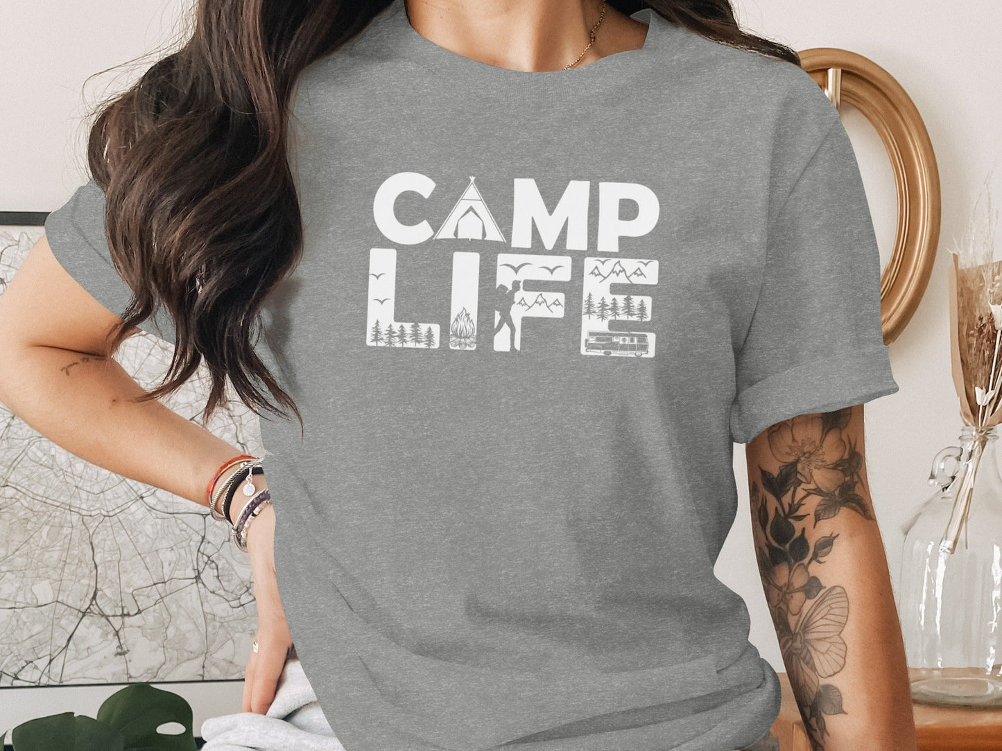 Camp Life Illustration with Tent and Fire Design T-Shirt
