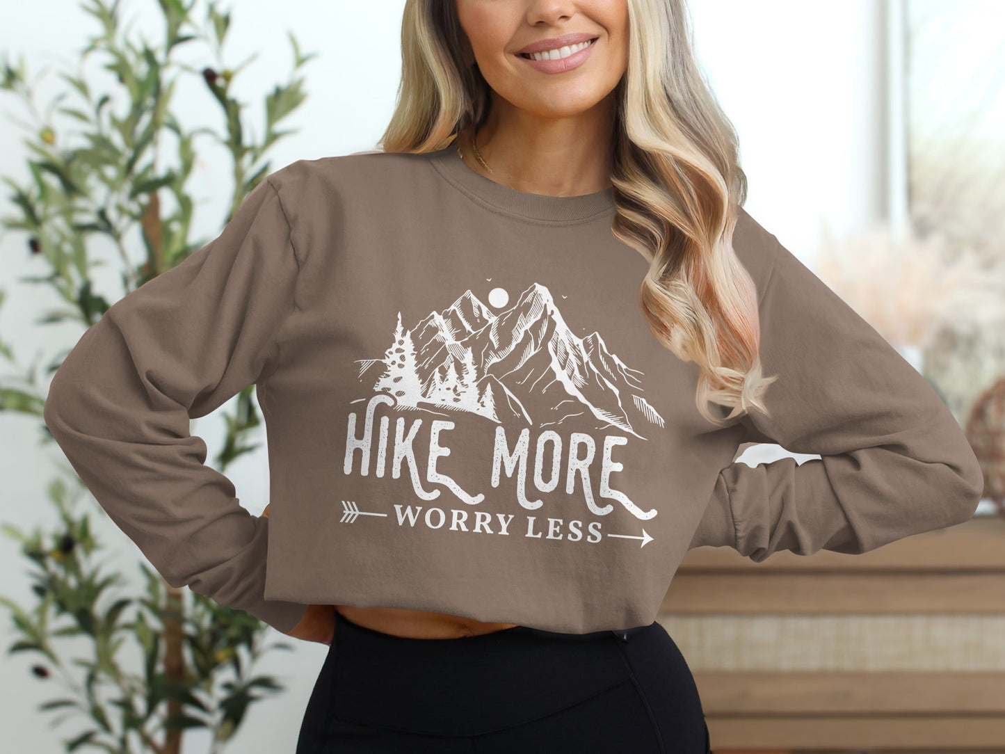 Hike More Worry Less Mountain Design Funny Outdoor Long Sleeve T-Shirt