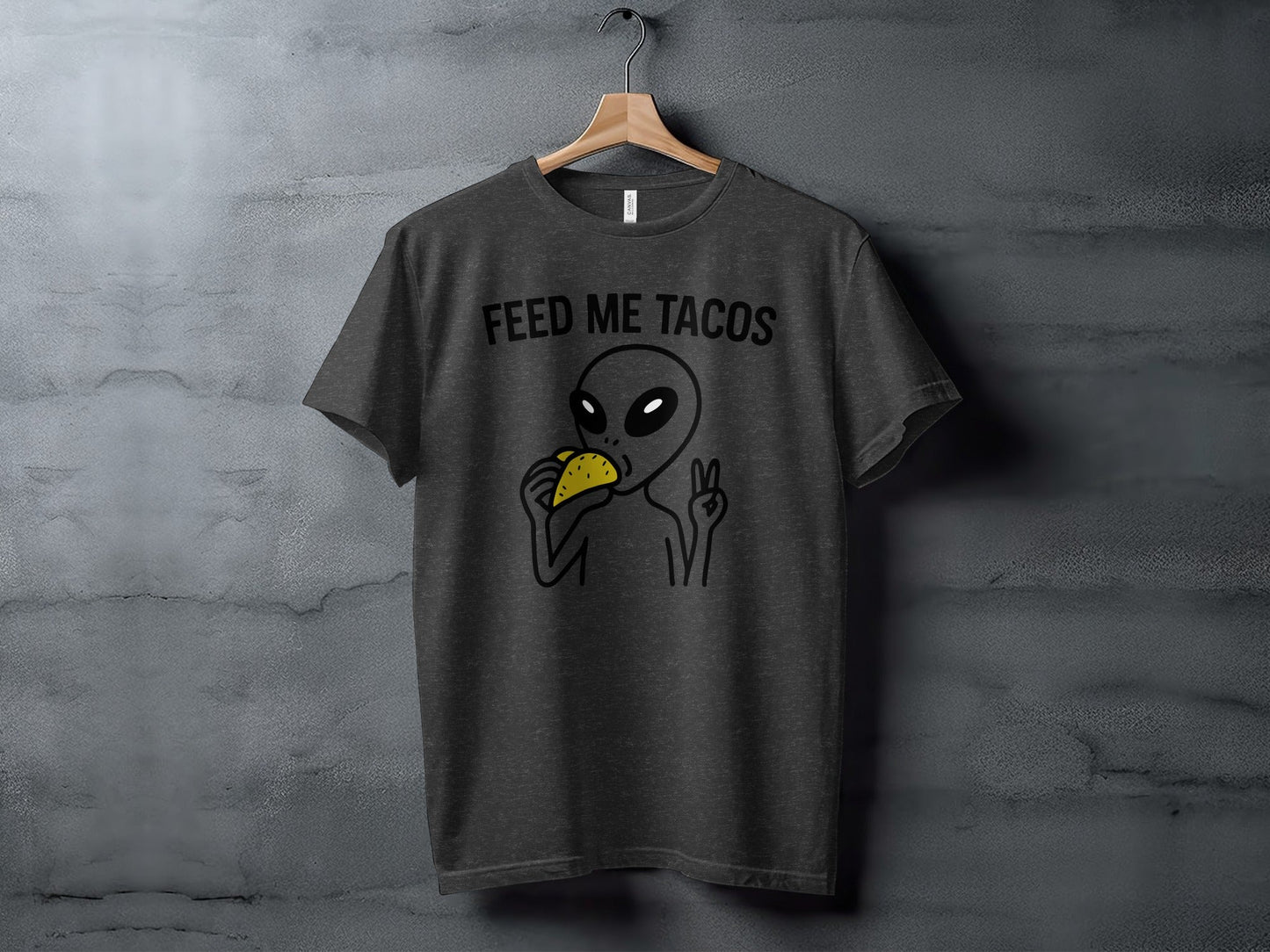 Feed Me Tacos Alien with Peace Sign Funny T-Shirt