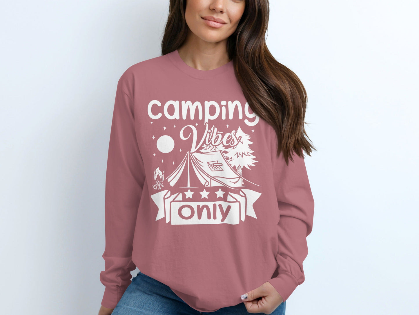 Camping Vibes Stars Only With Tent Graphic Long Sleeve T-Shirt