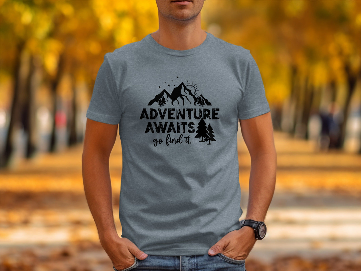 Adventure Awaits Go Find It Mountains Trees and Sun T-Shirt