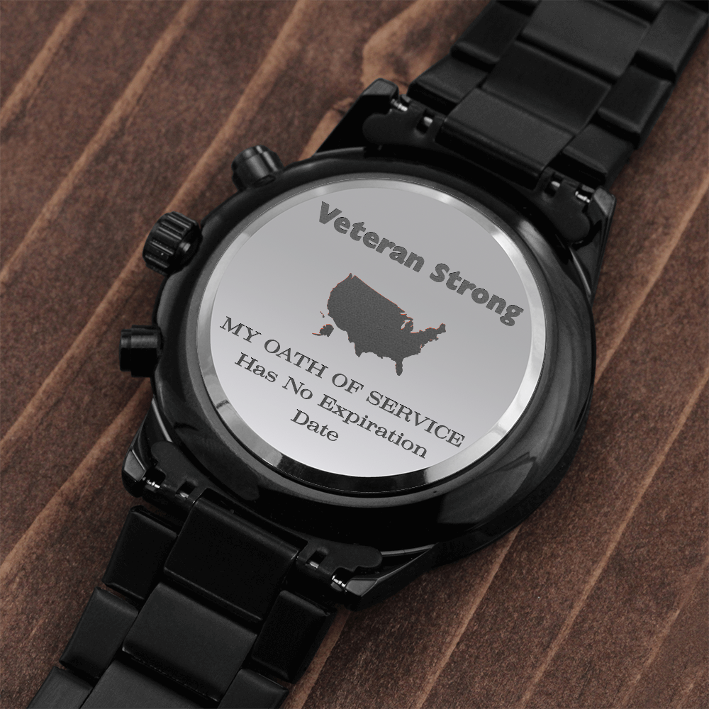 Veteran Strong™ Black Chronograph Steel Watch | Engraved Military Tribute Timepiece