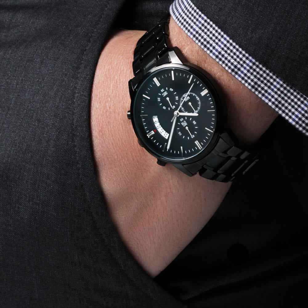 Veteran Strong™ Black Chronograph Steel Watch | Engraved Military Tribute Timepiece