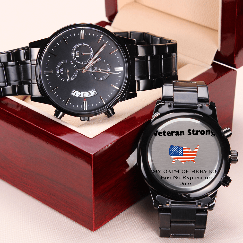 Veteran Strong™ Black Chronograph Steel Watch | Engraved Military Tribute Timepiece