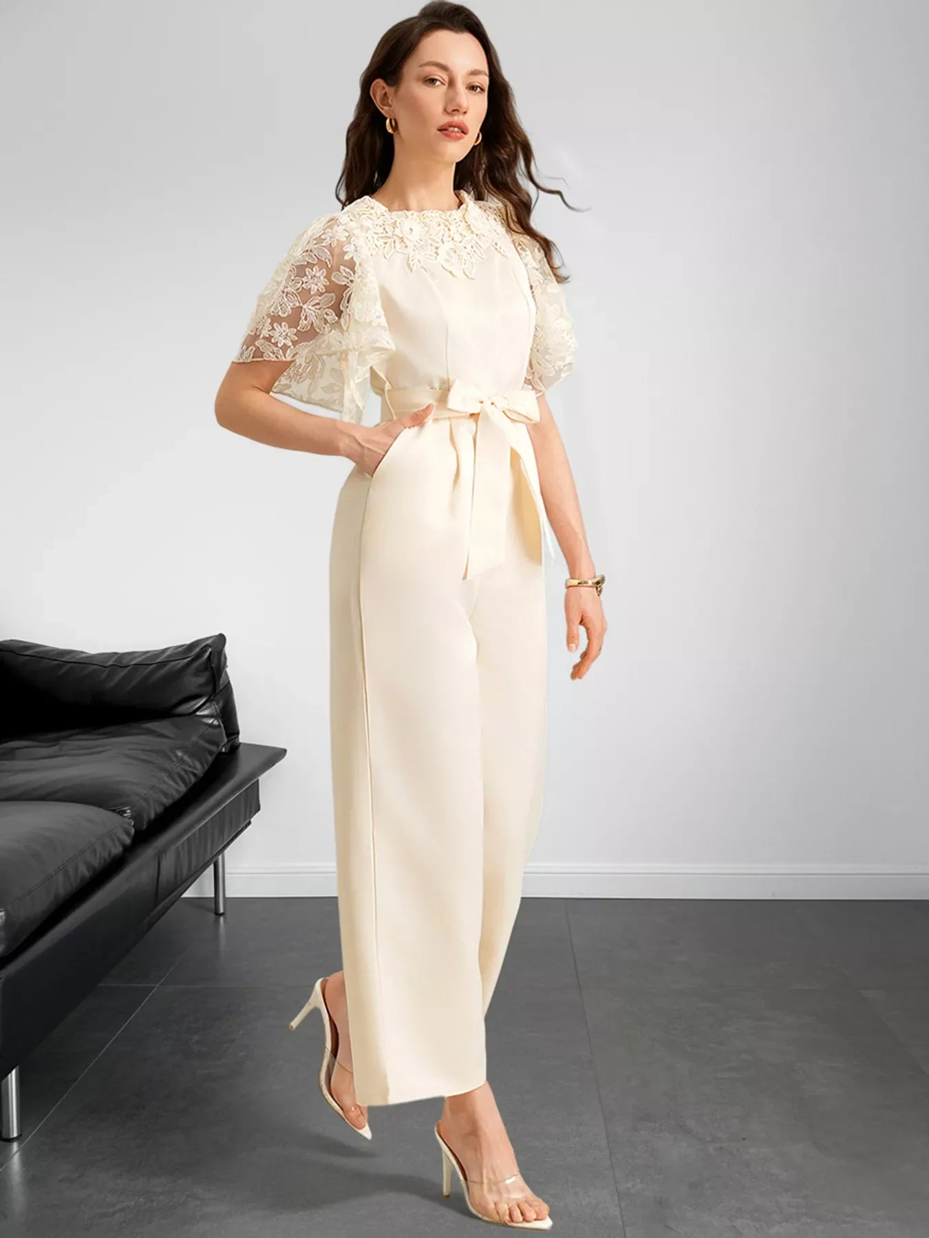 Lace Trim Belted Wide Leg Jumpsuit