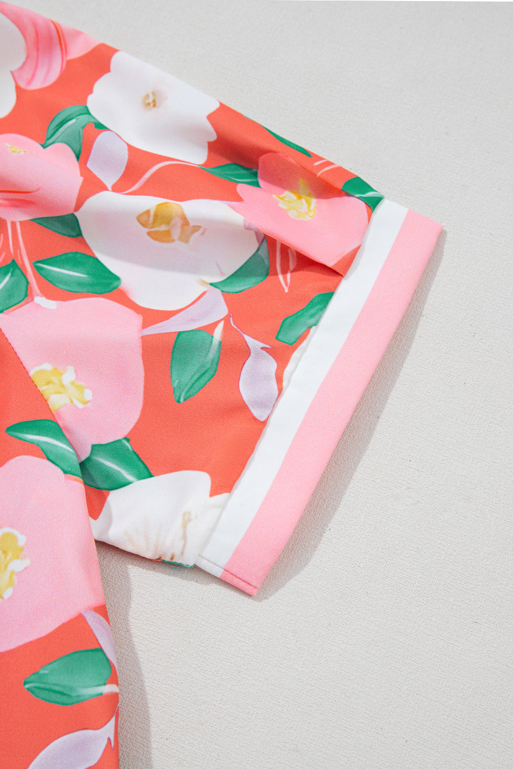 Fresh Salmon Floral Print Puff Sleeve Pop of Color Neckline Dress