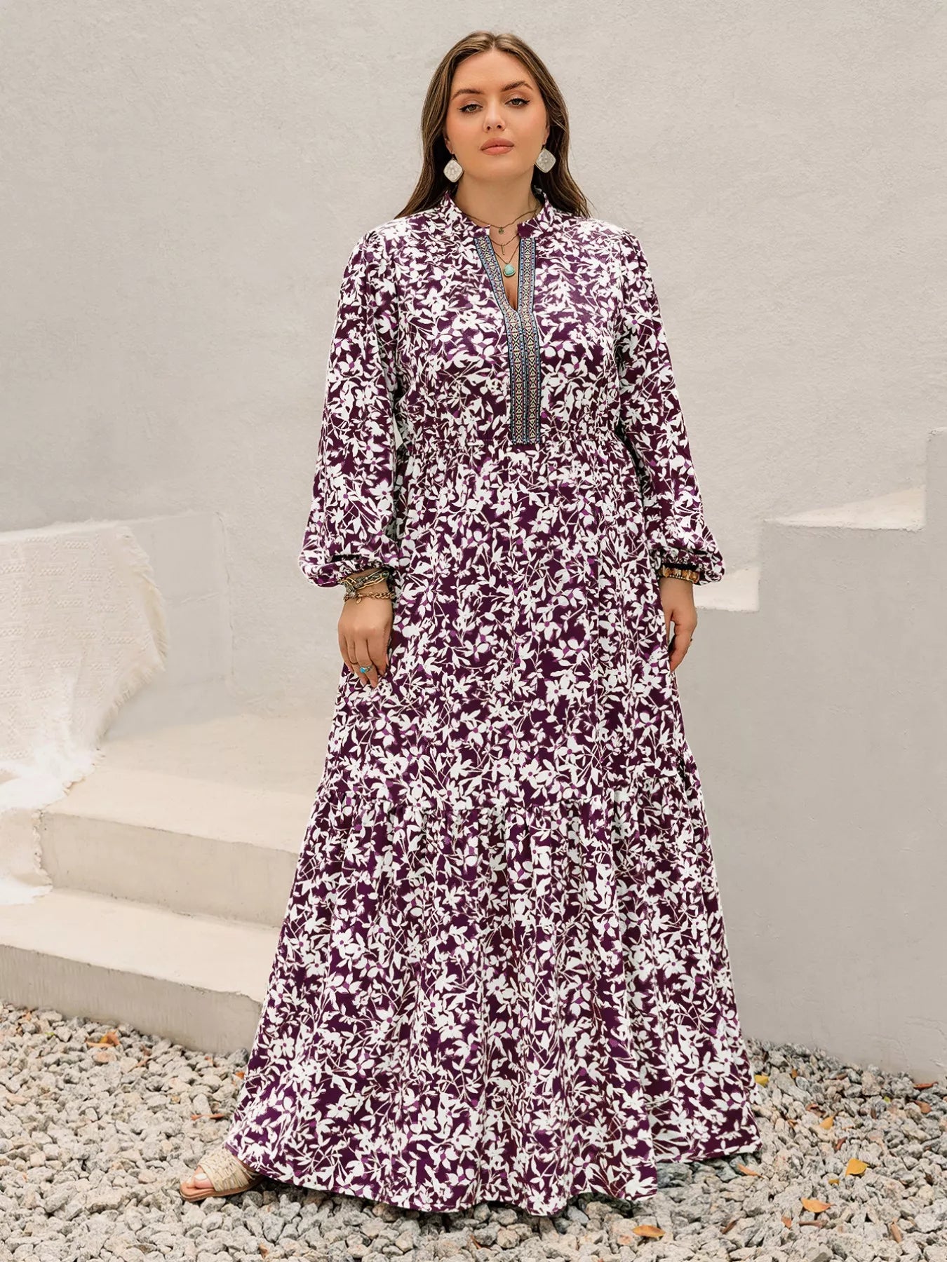 Plus Size Floral Print Maxi Dress with Long Sleeves