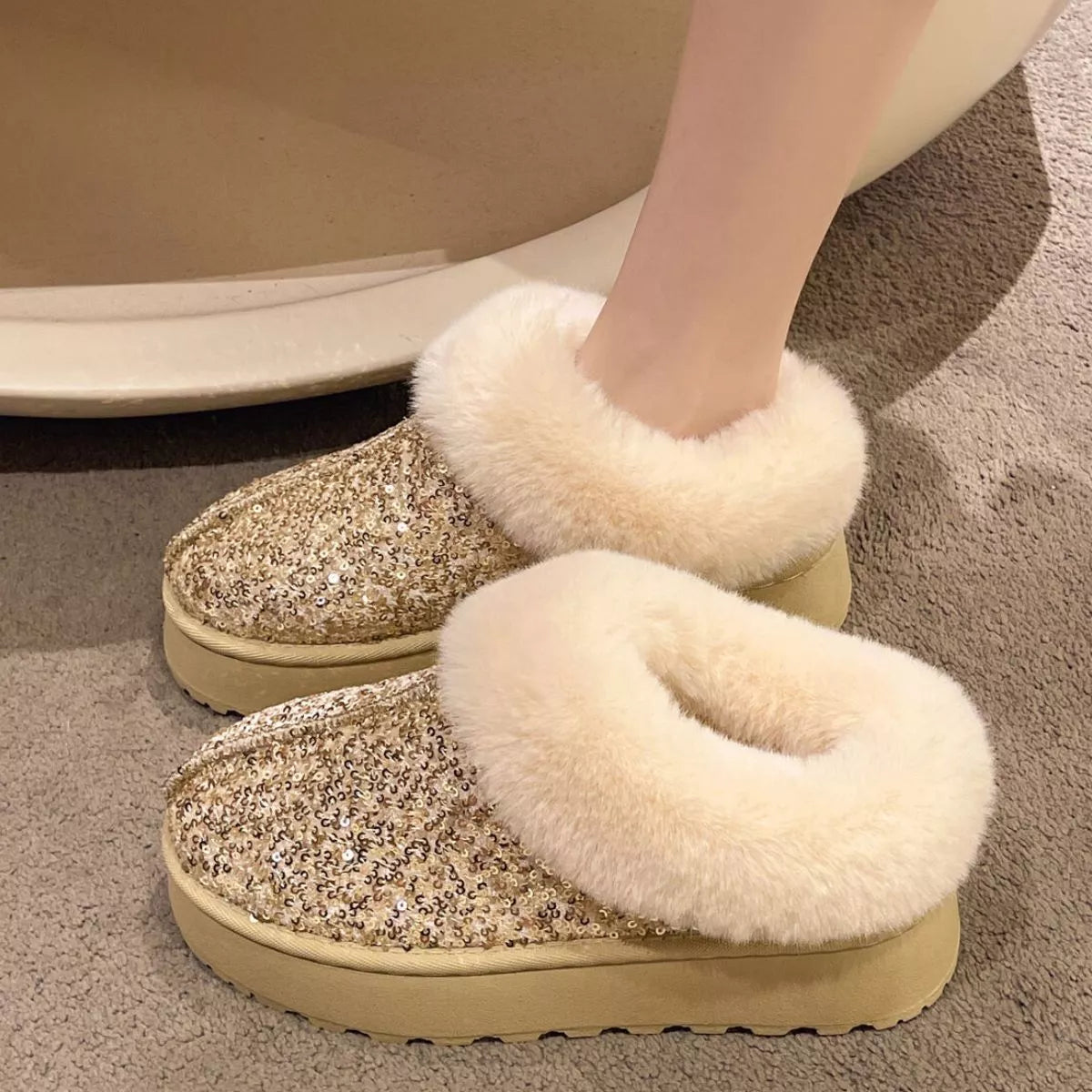 Sequin Round Toe Platform Boots