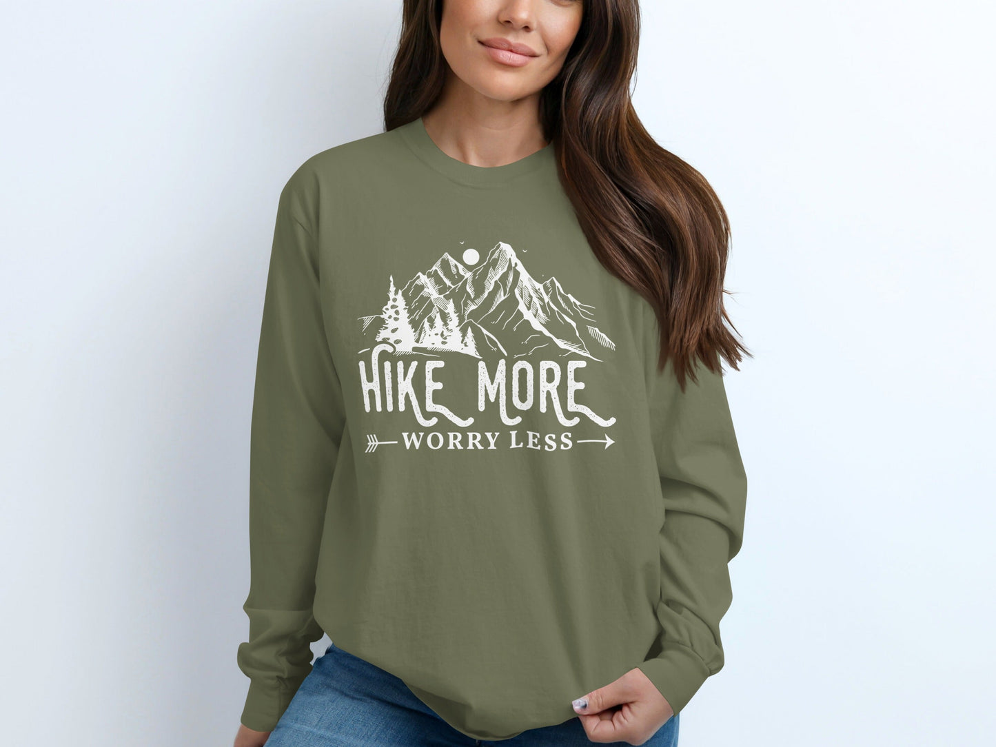 Hike More Worry Less Mountain Design Funny Outdoor Long Sleeve T-Shirt