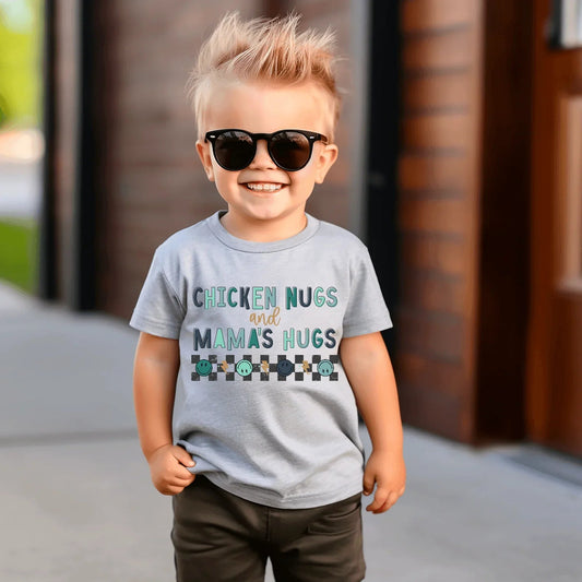 Chicken Nugs and Mama Hugs Tee | Funny Toddler Shirt | Kid’s Graphic Tee | Preschool Outfit | Mama’s Boy Tee | Cute Toddler Gift