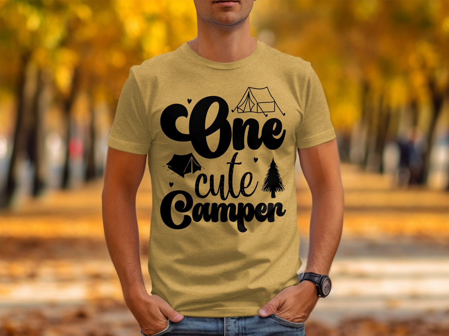 One Cute Camper Tent and Pine Tree Camping Design T-Shirt