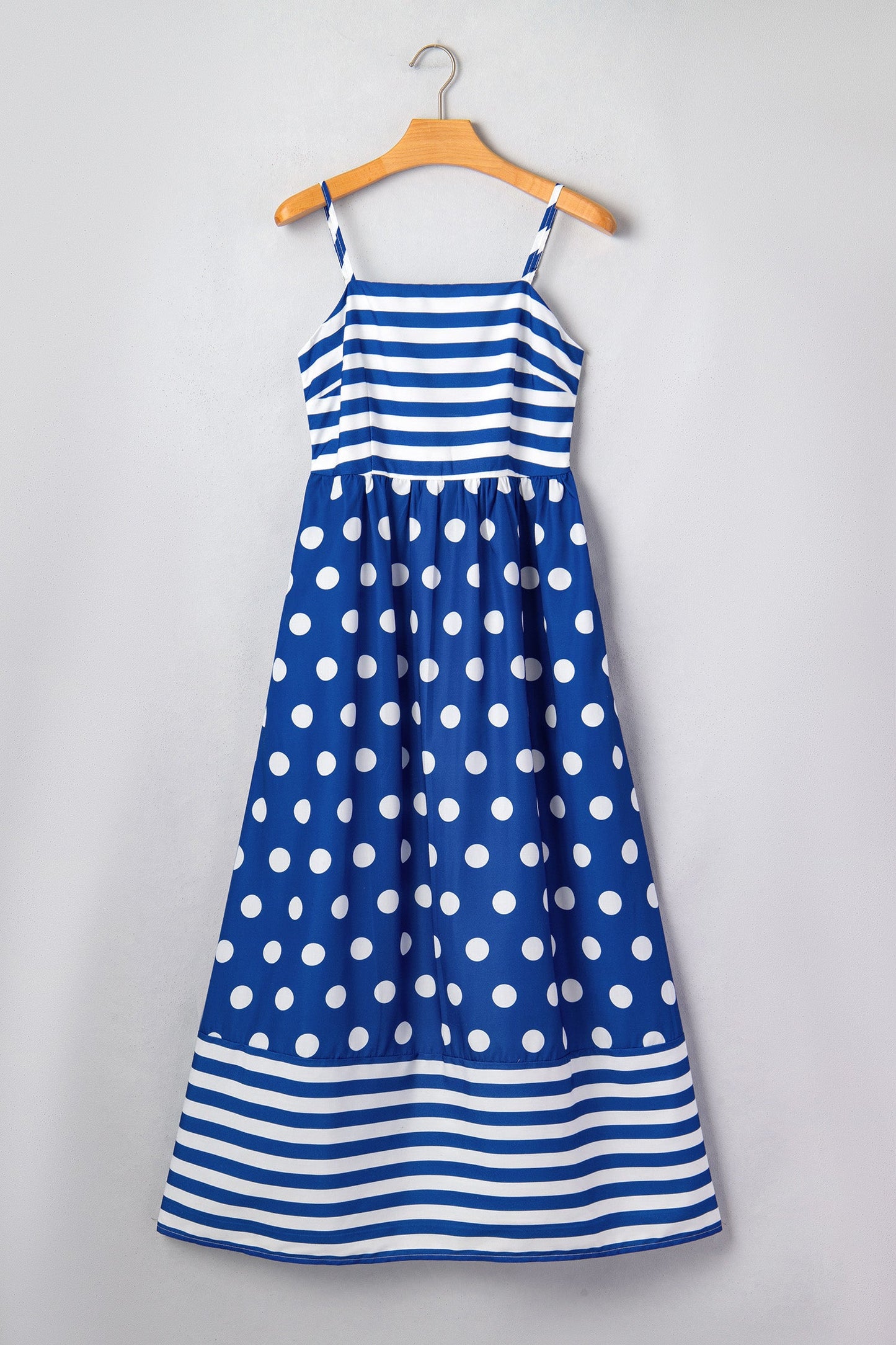 Blue Striped Polka Dot Patchwork High Waist Spaghetti Straps Maxi Dress