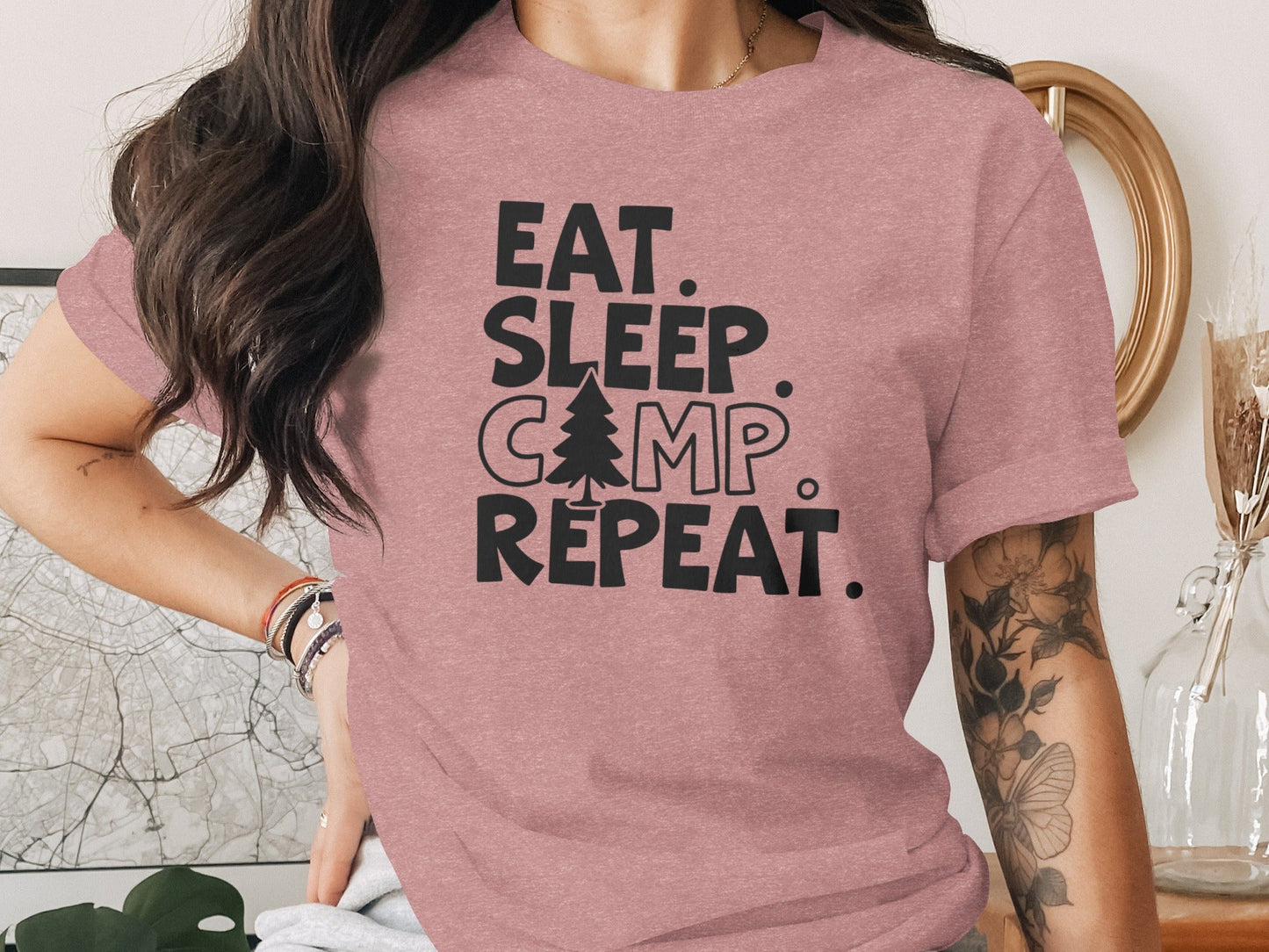 Eat Sleep Camp Repeat With Pine Tree Graphic T-Shirt
