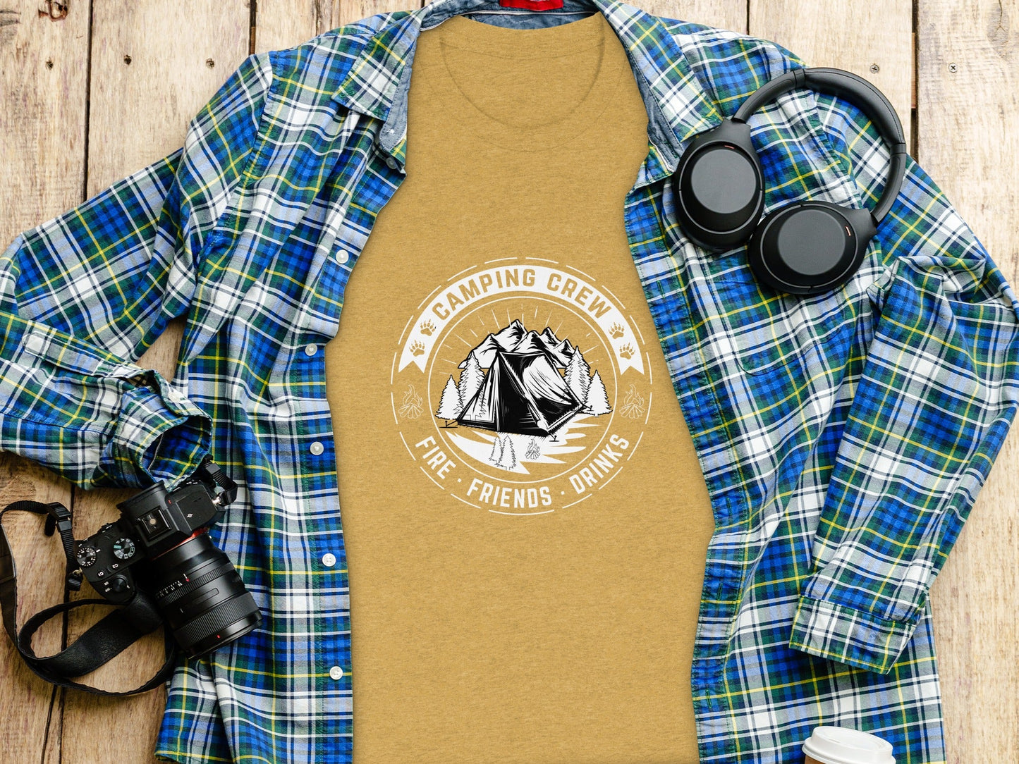 Camping Crew Friends Drinks Fire Tent Mountain Scene T-Shirt
