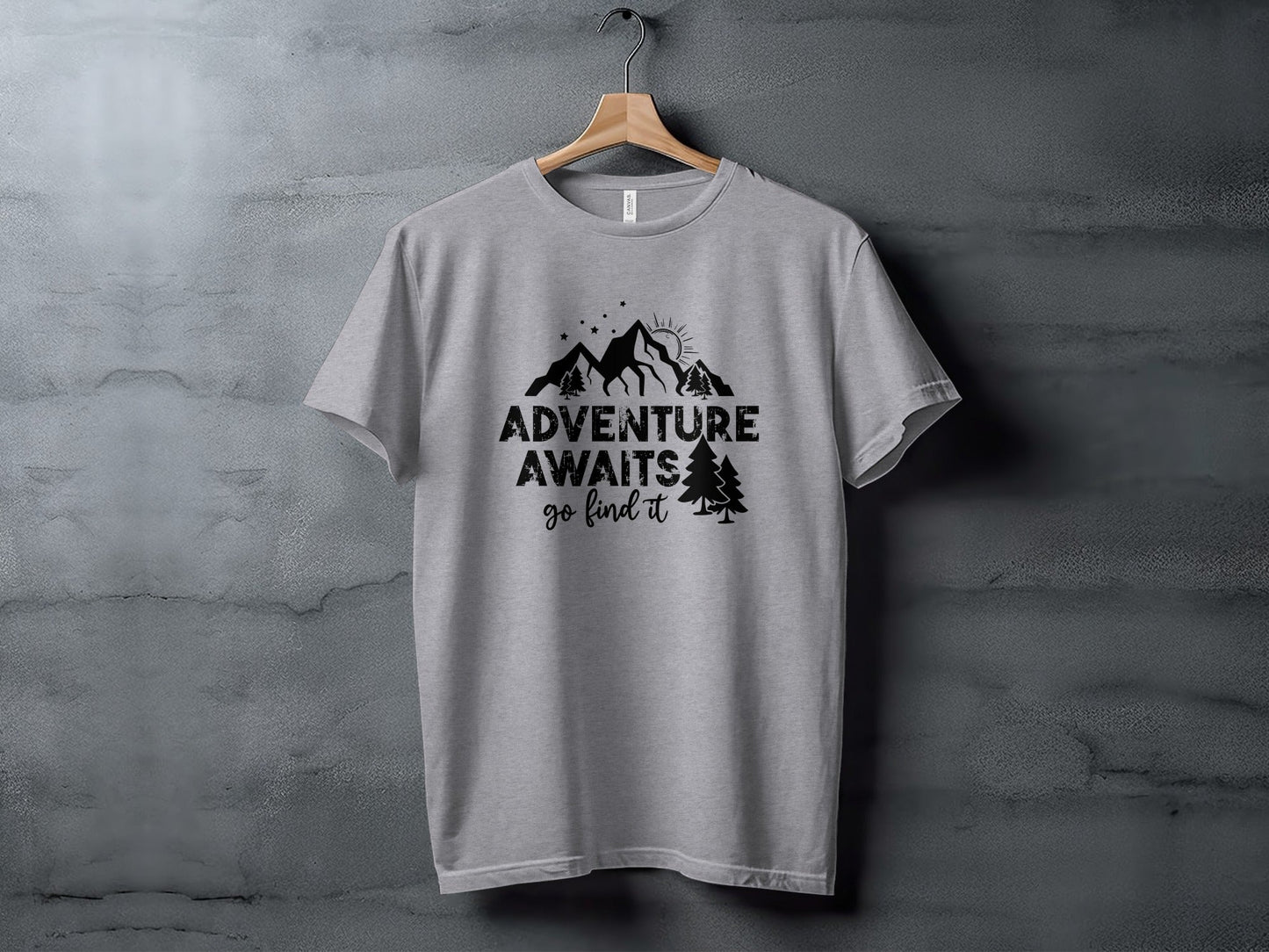 Adventure Awaits Go Find It Mountains Trees and Sun T-Shirt