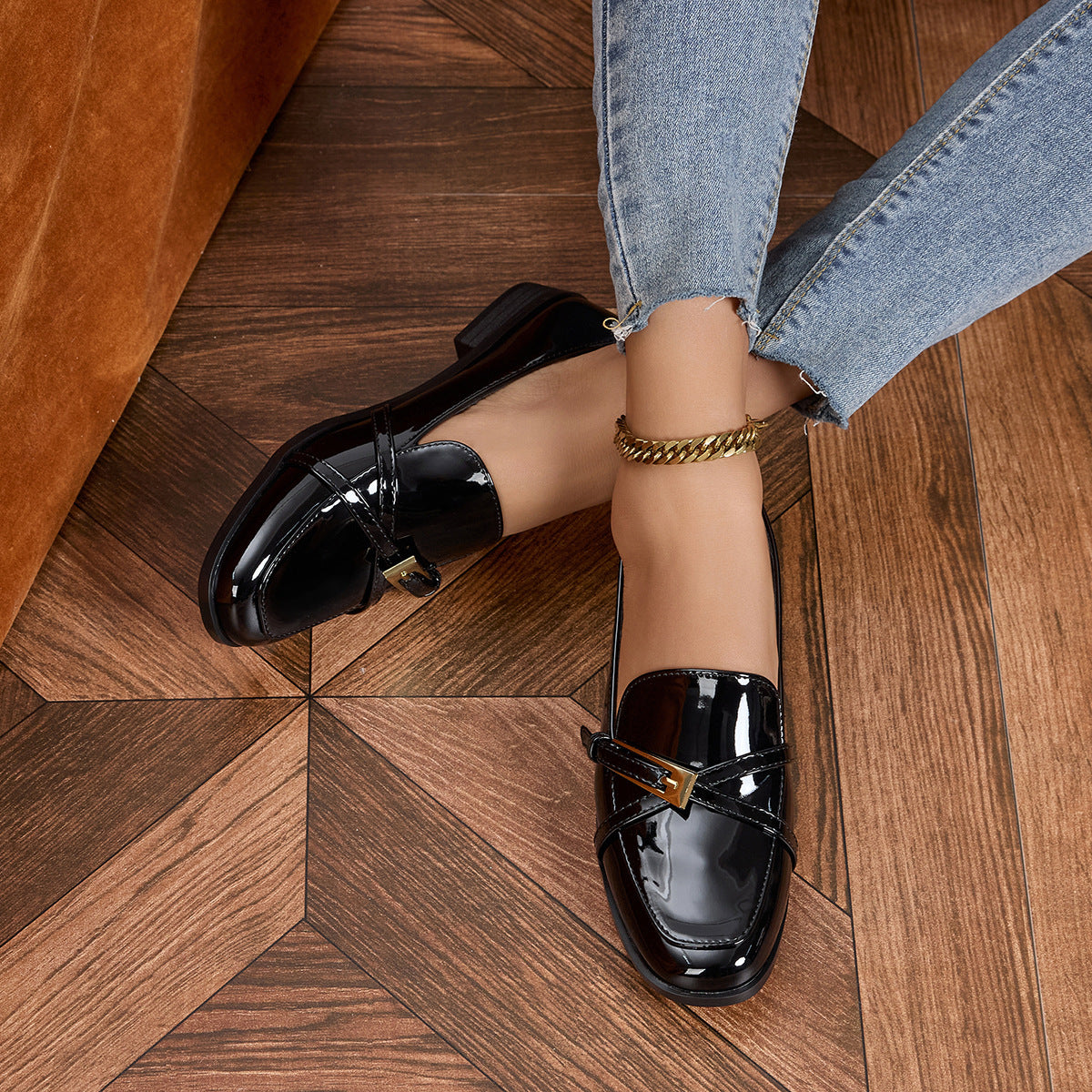 Women’s Patent Leather Square Toe Loafers | Low Heel Slip-On Flats
