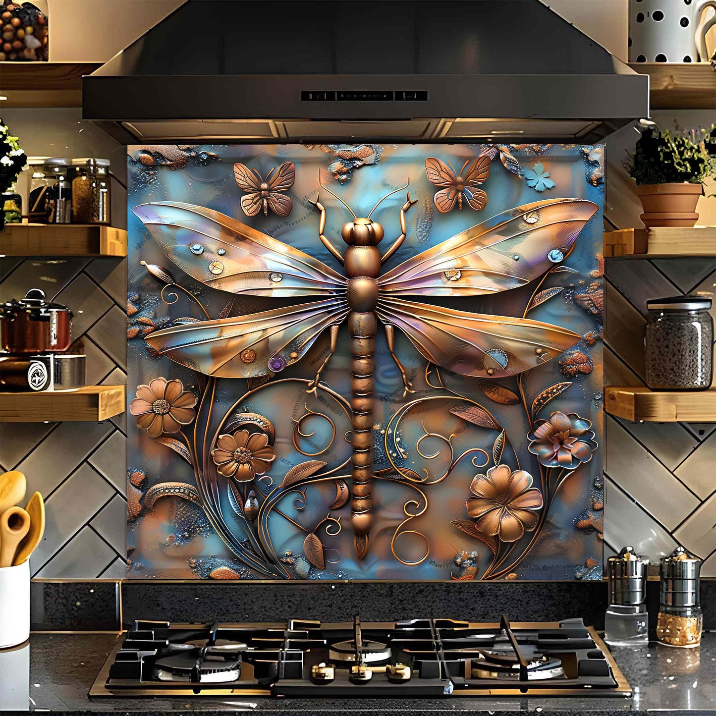 Golden Flight – Tempered Glass Backsplash for Stove | Dragonfly Copper Look Backsplash