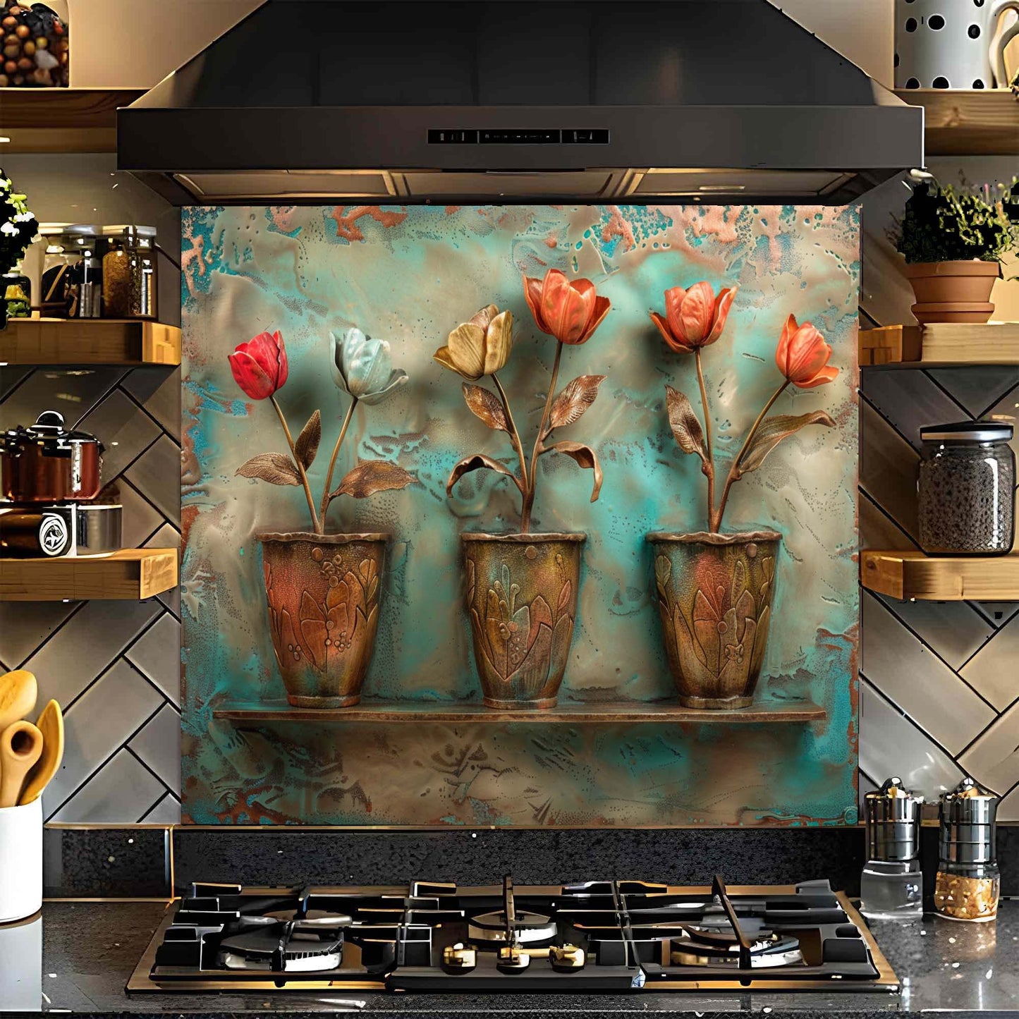 Tulip Pots – Tempered Glass Backsplash for Kitchen Stove | Copper Look Floral Backsplash