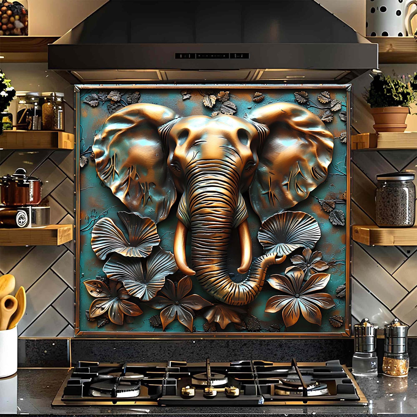 Regal Elephant – Tempered Glass Backsplash for Kitchen | Copper Look Safari Backsplash