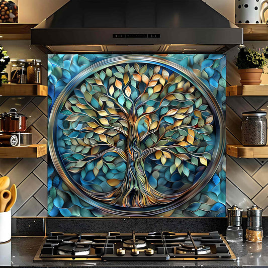 Aqua Roots – Tempered Glass Backsplash for Kitchen Stove | Tree of Life Backsplash