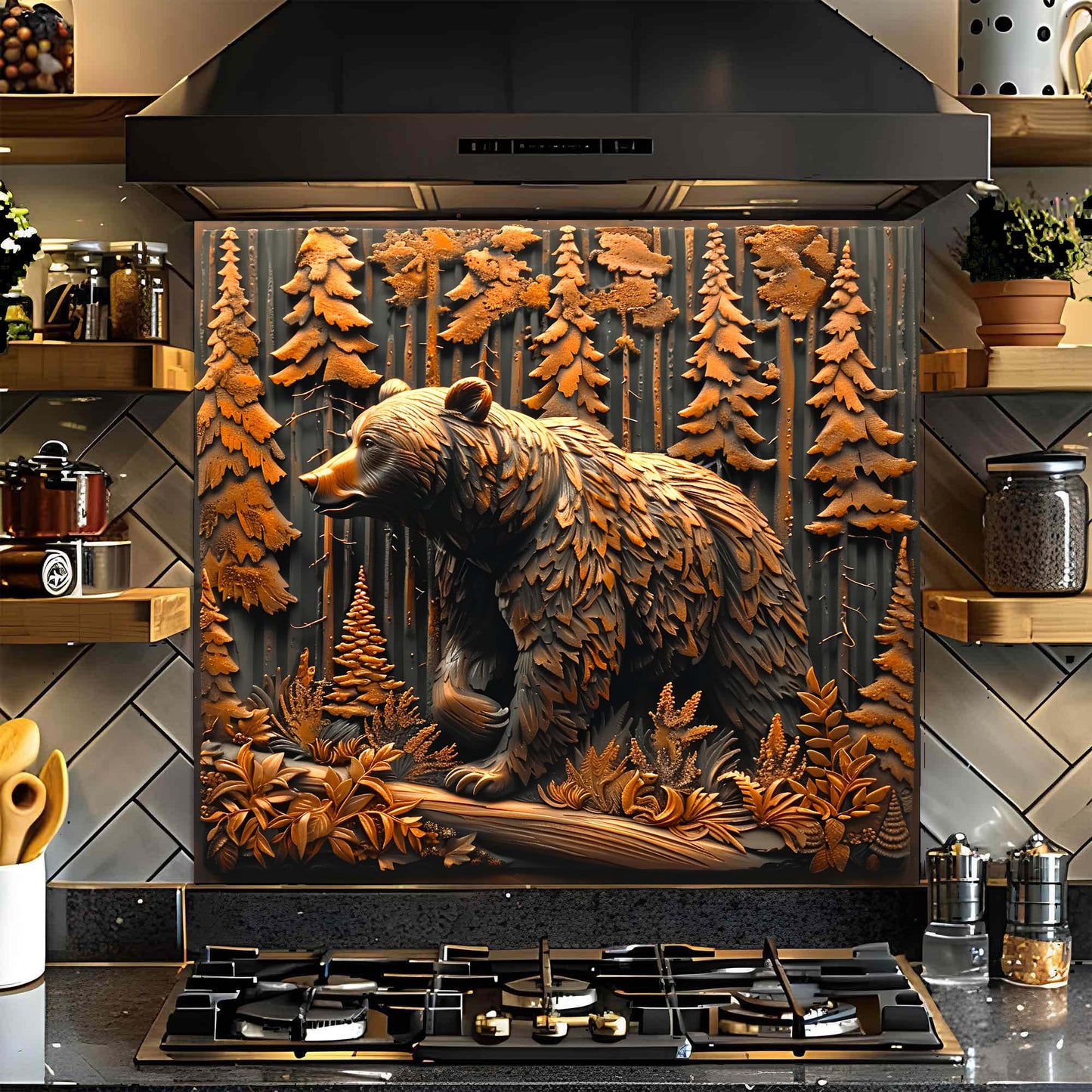 Forest Guardian – Tempered Glass Backsplash for Kitchen Stove | Copper Look Backsplash