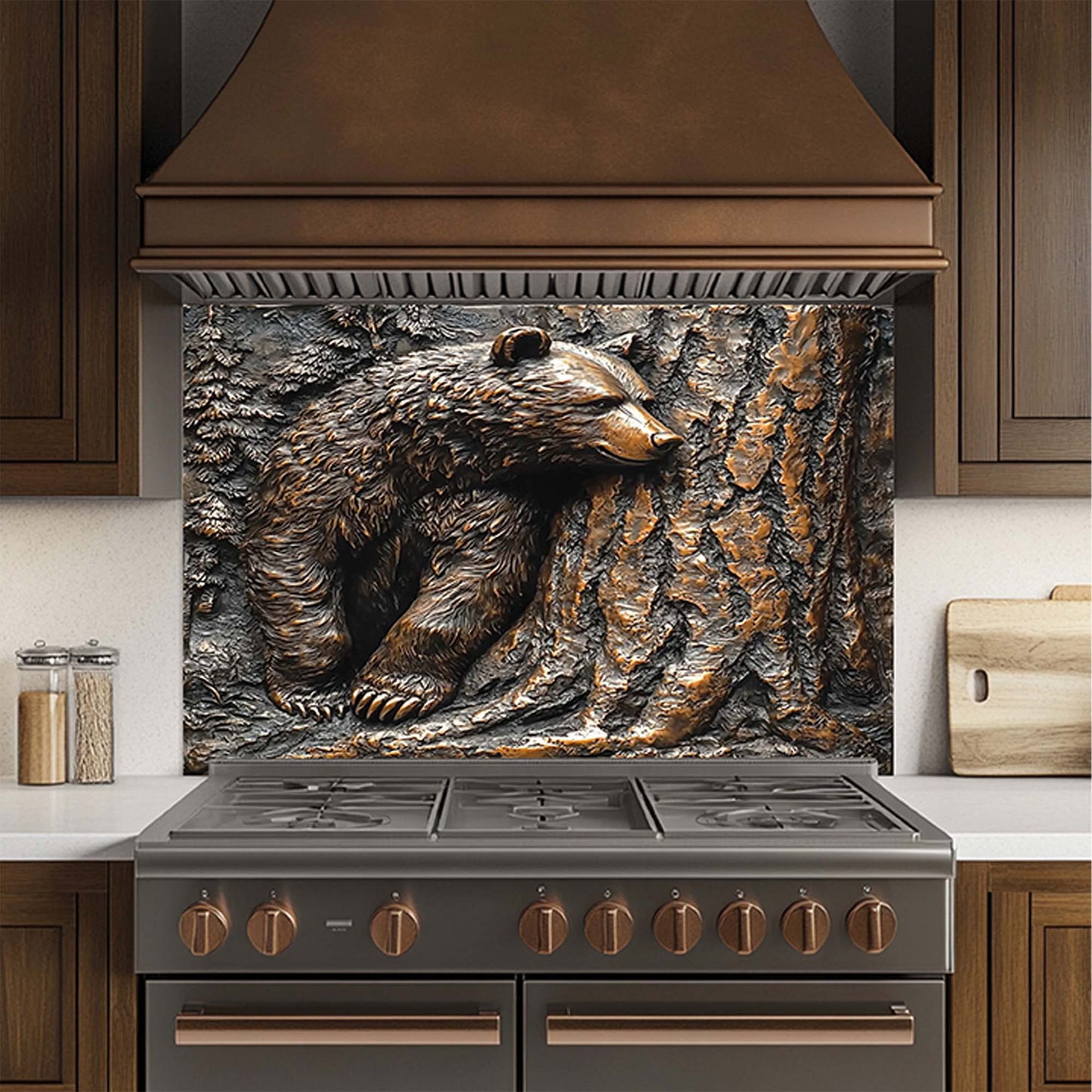 Pine Hide – Tempered Glass Backsplash for Kitchen Stove | Copper Look Bear & Tree Design