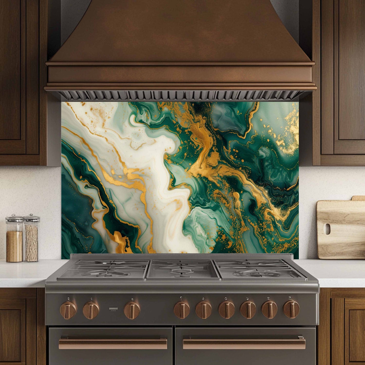 Glass Kitchen Backsplash – Green Gold Cream Fluid Marble Panel