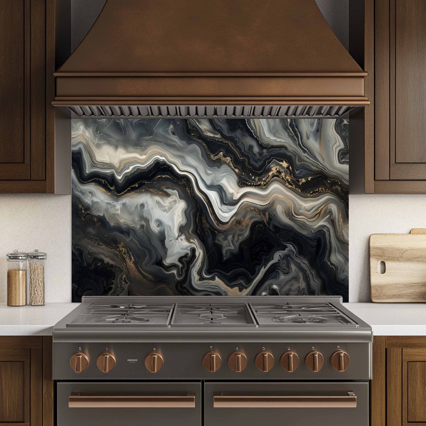 Glass Kitchen Backsplash – Black Gold Marble Flow Abstract Splashback
