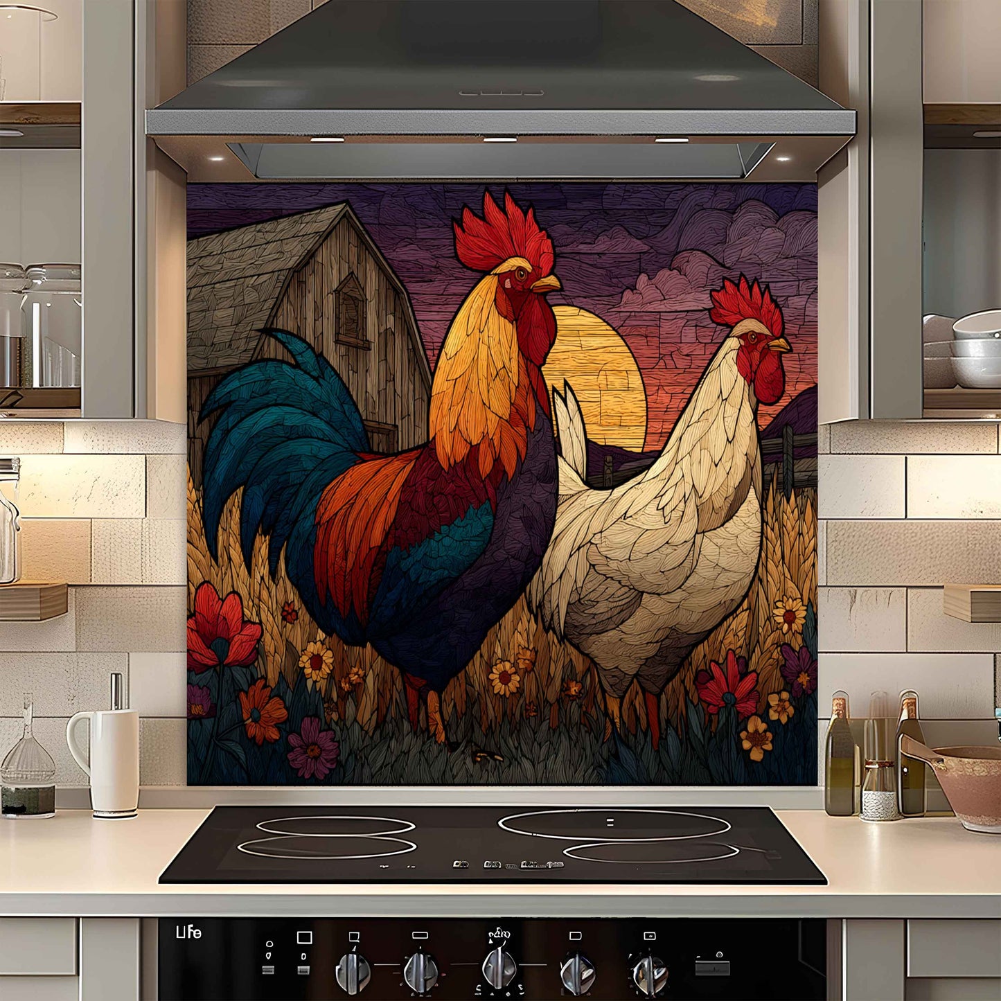 Tempered Glass Backsplash for Kitchen | Rustic Rooster and Hen Farm Scene Design