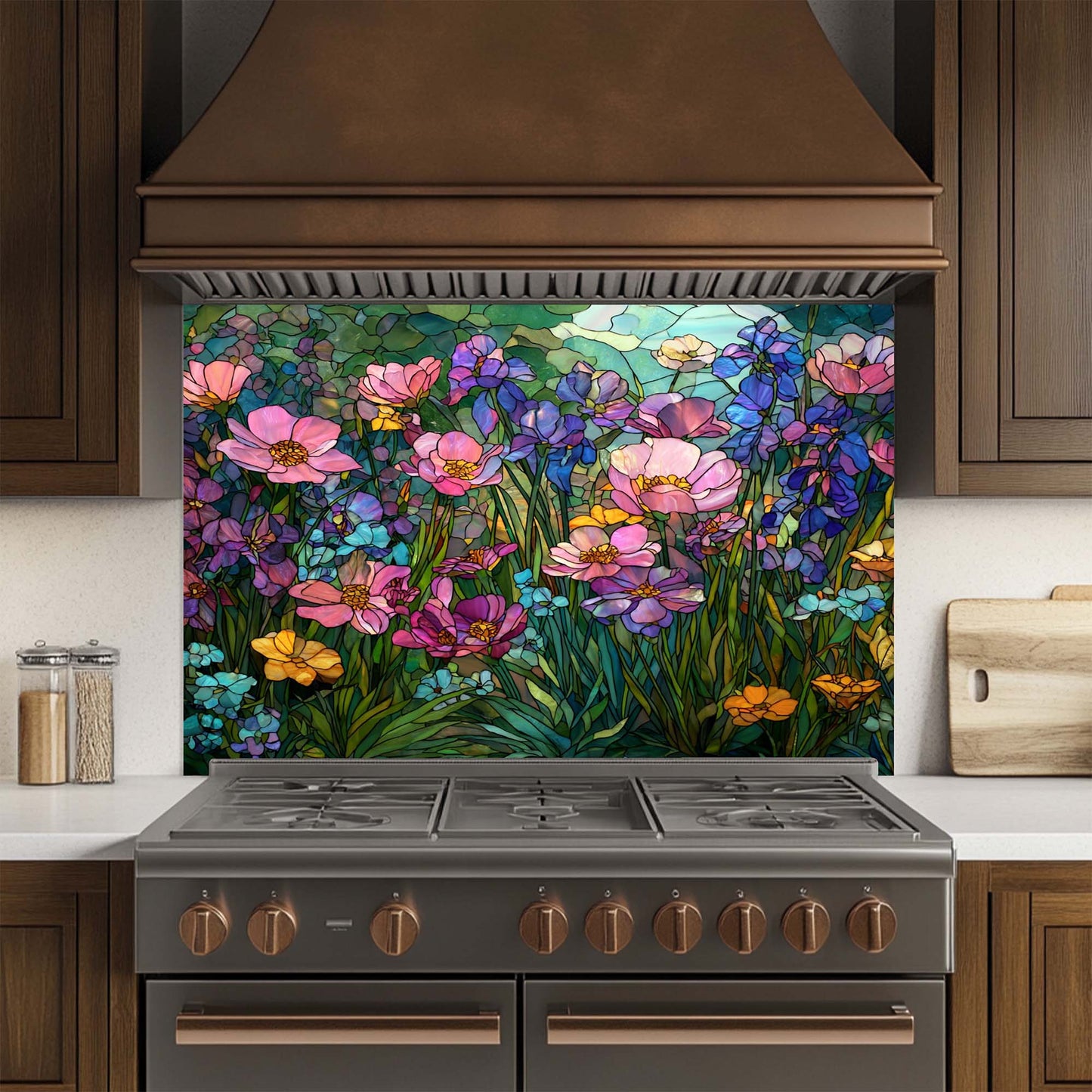 Glass Bloom – Tempered Glass Backsplash for Kitchen Stove | Floral Stained Backsplash