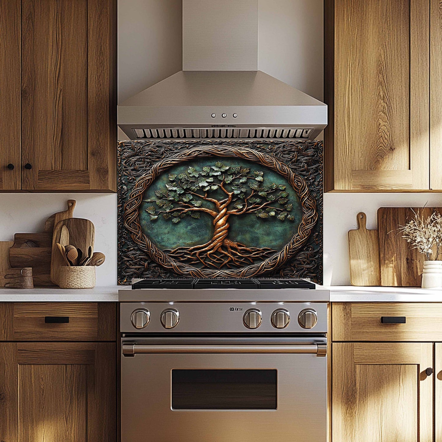Durable Tempered Glass Backsplash – Kitchen Backsplash with Tree of Life Design