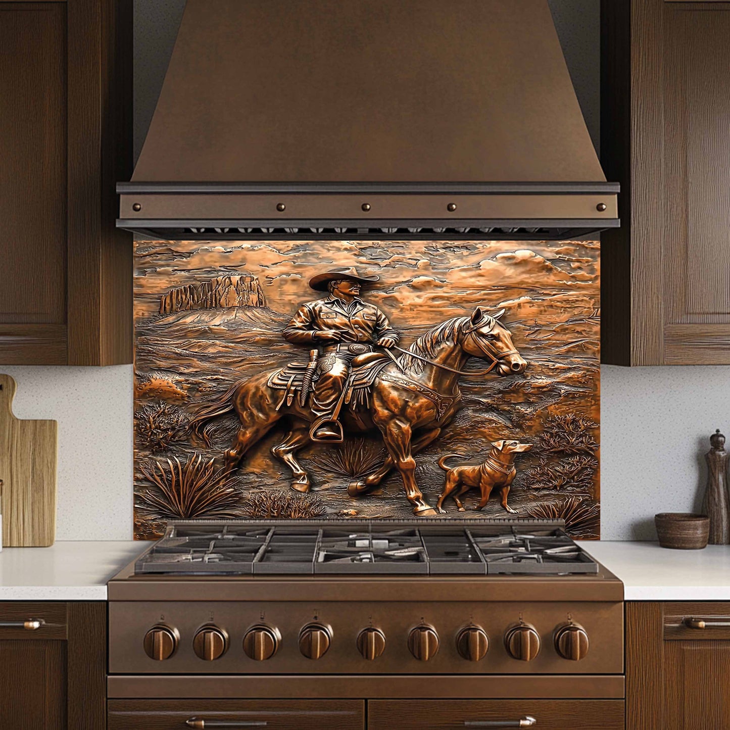 Copper Look Cowboy Tempered Glass Backsplash – Western Kitchen Backsplash Behind Stove