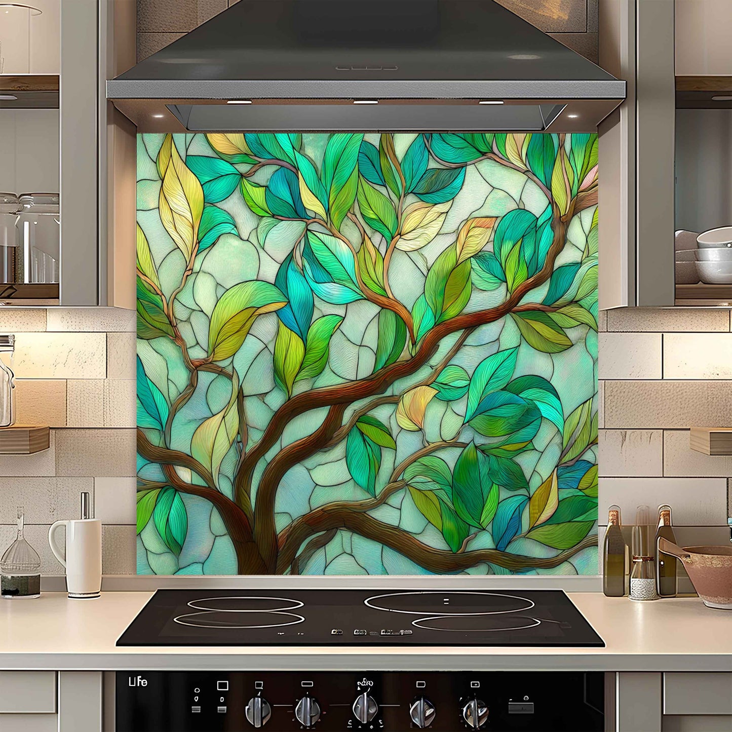 Tranquil Branches – Tempered Glass Backsplash with Tree Branch and Leaf Design