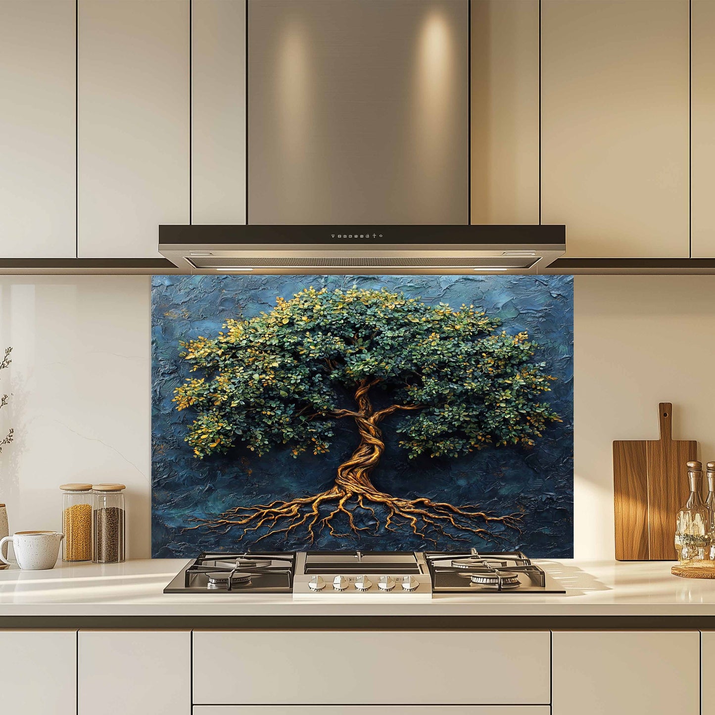 Blue Tree of Life Tempered Glass Backsplash – Kitchen Stove Backsplash