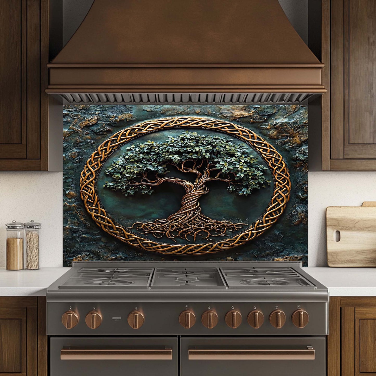 Emerald Roots – Tree of Life Tempered Glass Backsplash | Copper Celtic Kitchen Backsplash