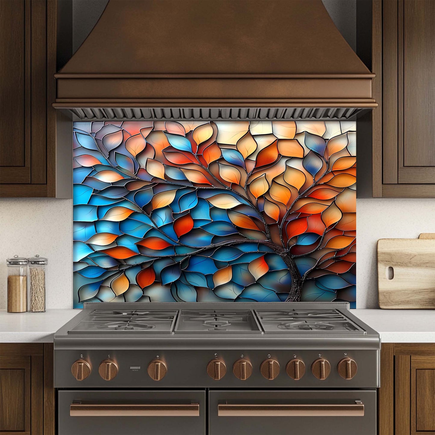 Aurora Branches – Tempered Glass Backsplash for Kitchen Stove | Colorful Abstract Backsplash