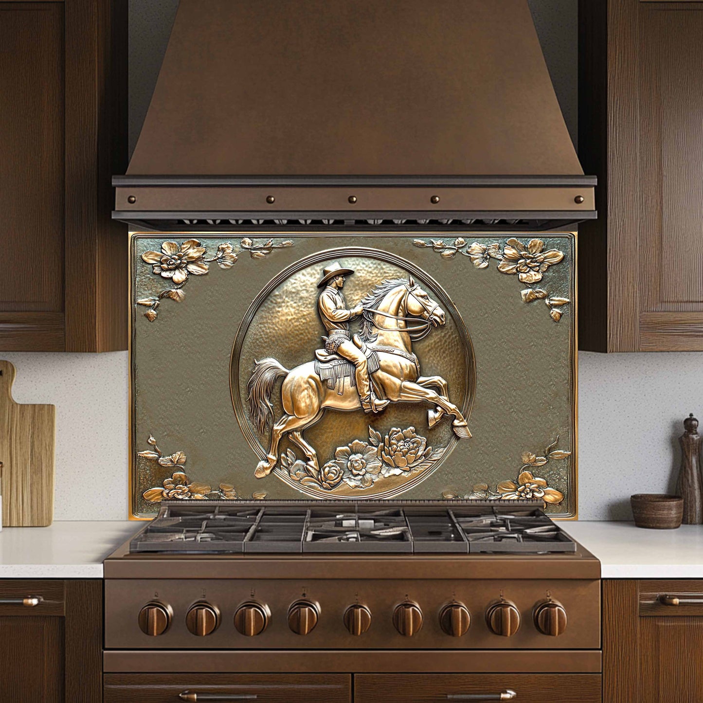 Copper Rider Tempered Glass Backsplash – Western Cowboy Kitchen Stove Backsplash