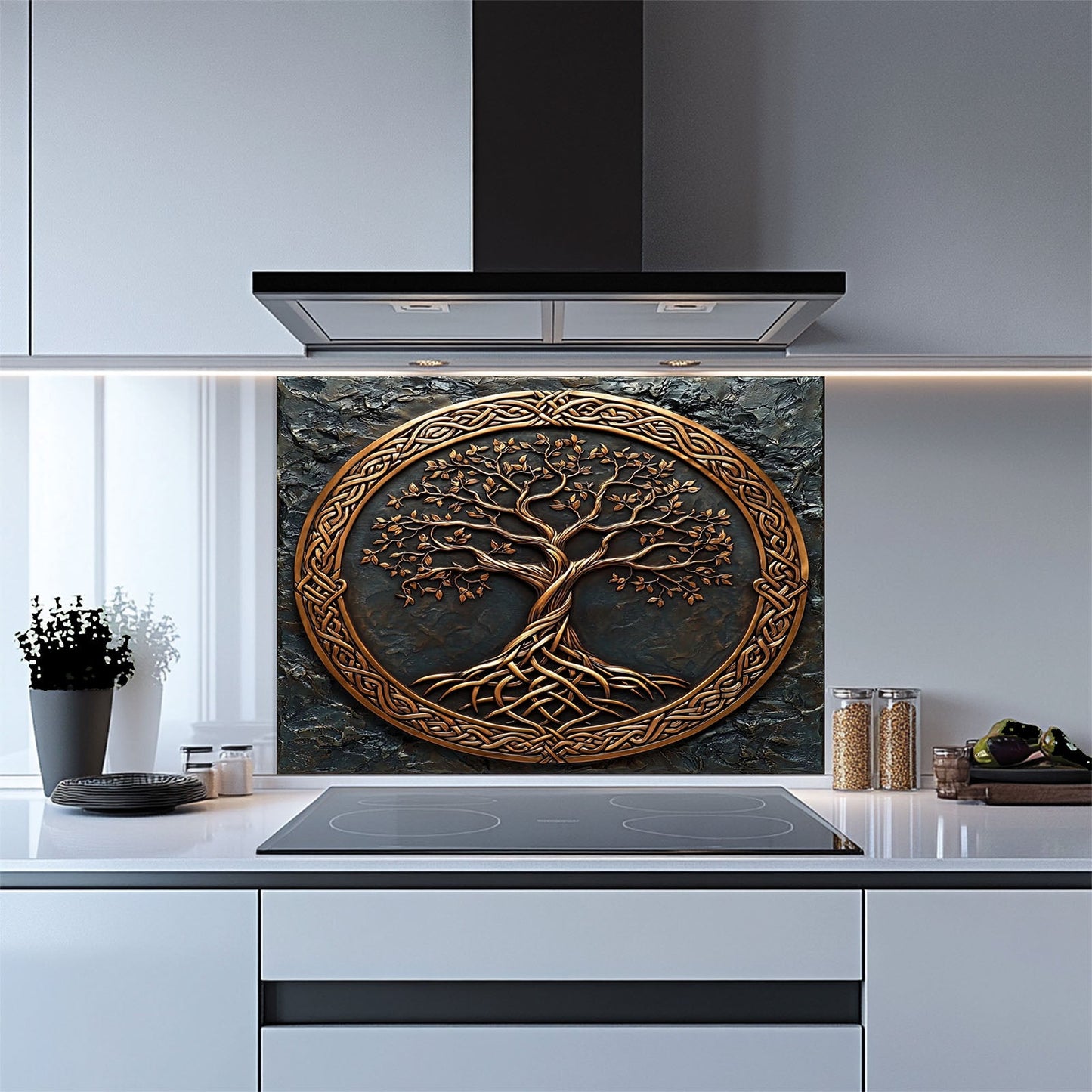 Celtic Tree of Life Glass Backsplash – Bronze Kitchen Backsplash for Stove