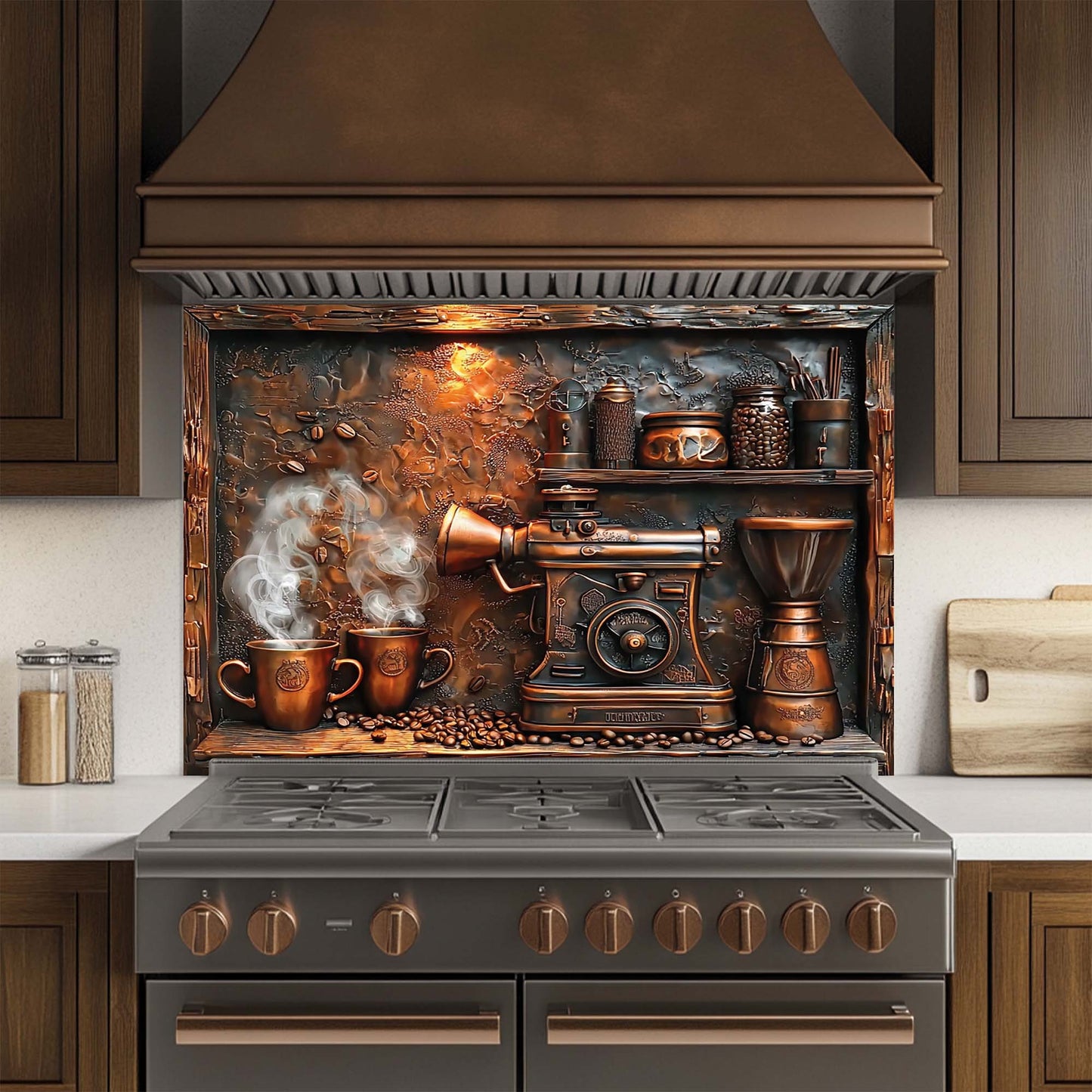 Copper Brew – Tempered Glass Backsplash for Kitchen | Coffee Machine Stove Backsplash