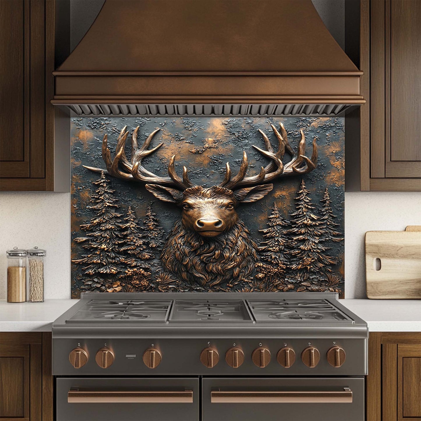 Stag Majesty – Tempered Glass Backsplash for Stove | Copper Deer Head Kitchen Backsplash