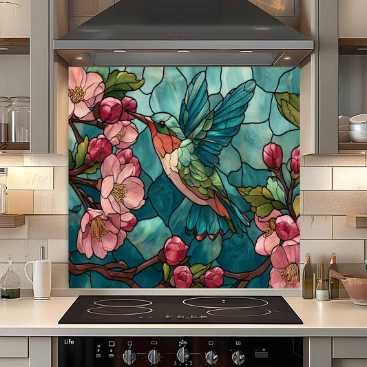 Blossom Nectar – Tempered Glass Kitchen Backsplash with Hummingbird