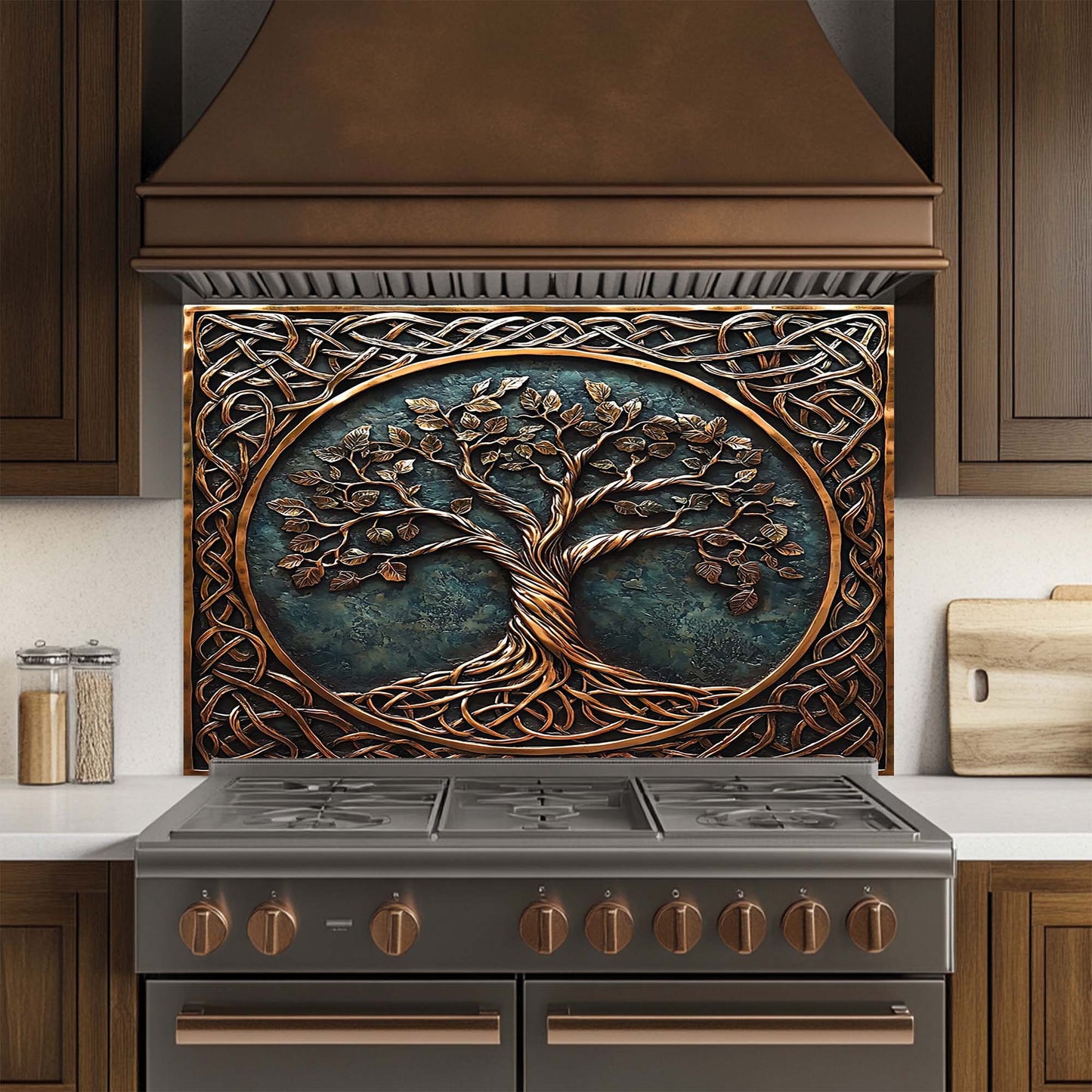 Timeless Tree – Tempered Glass Backsplash for Kitchen Stove | Copper Look Backsplash