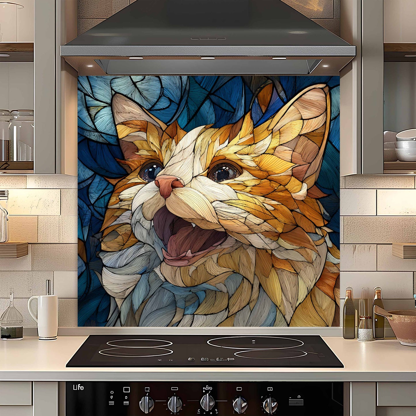 Whisker Joy Tempered Glass Backsplash – Mosaic Look Cat Art for Kitchen