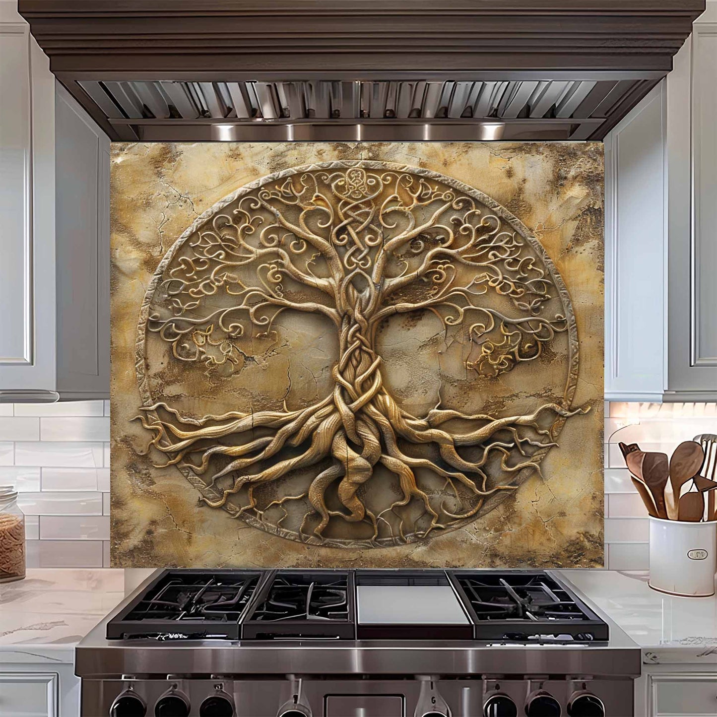 Eternal Roots Kitchen Backsplash –  Stone Look Tree of Life Glass Backsplash