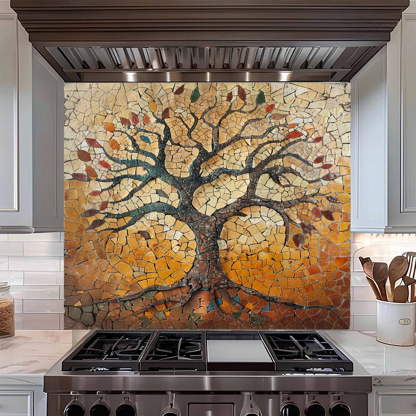 Rustic Tempered Glass Backsplash – Autumn Mosaic Tree of Life Kitchen Backsplash