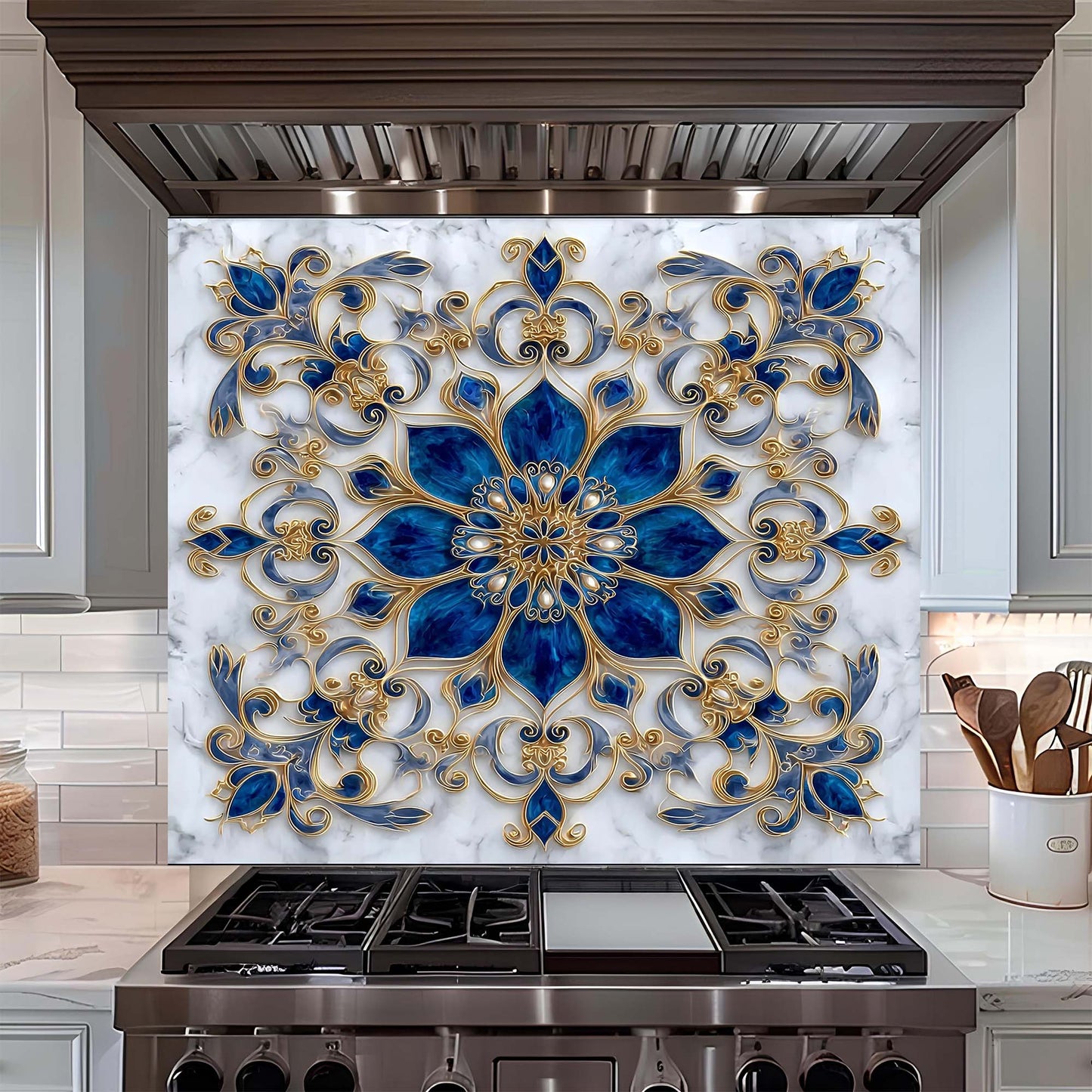 Custom Kitchen Backsplash – Royal Sapphire Tempered Glass Stove Backsplash