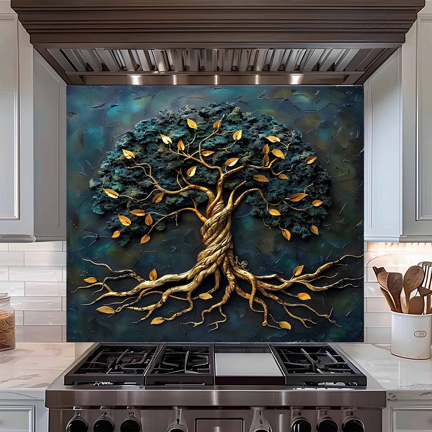 Golden Roots Tree Glass Backsplash – Tempered Glass Backsplash for Kitchen
