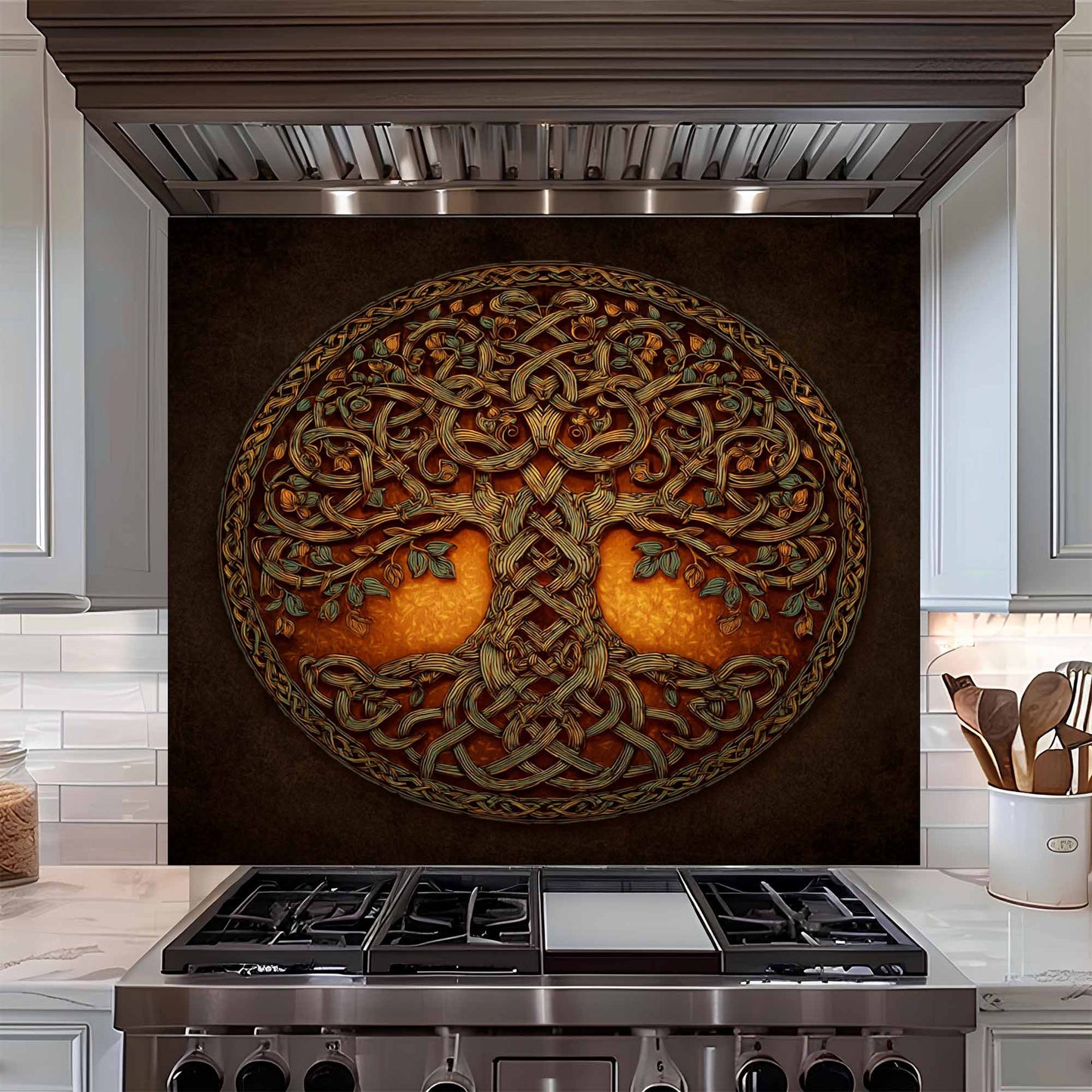 Celtic Flame Tempered Glass Backsplash – Tree of Life Kitchen Backsplash
