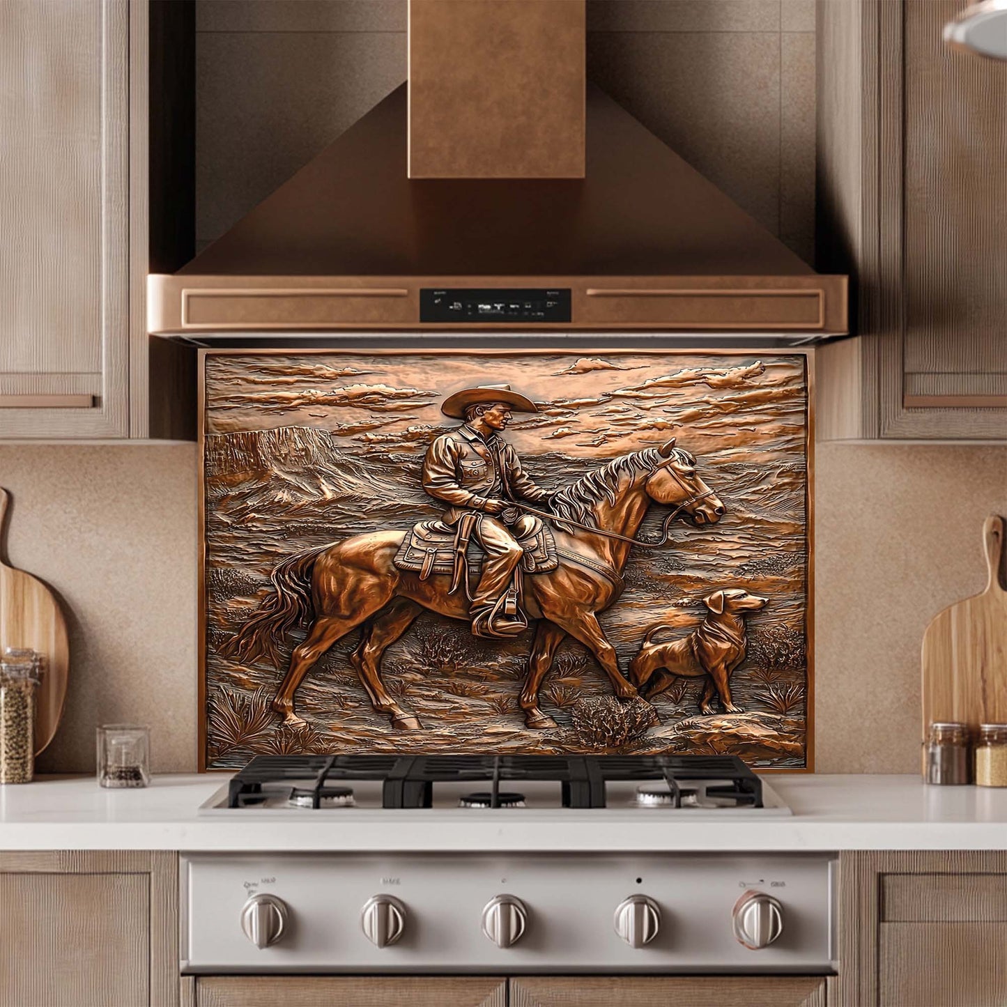 Desert Trail – Tempered Glass Backsplash with Cowboy and Dog | Western Backsplash