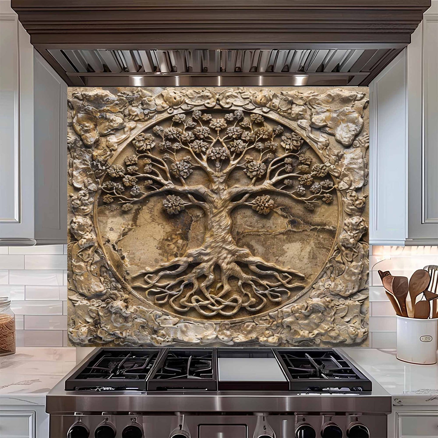 Stone Blossom Kitchen Backsplash –  Tree of Life Glass Backsplash for Stove